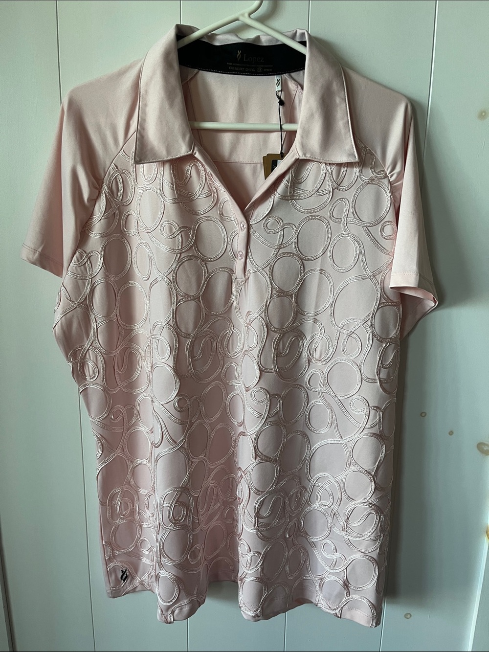Ladies' Pale Pink Short-Sleeve Button-Down Shirt with Embroidered Circles